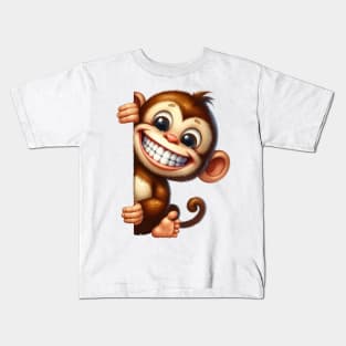 Cute Monkey Peeking Round A Corner Kids T-Shirt